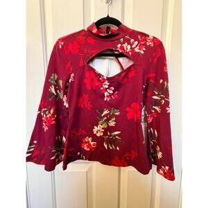 GUESS Floral Mock Neck Cutout Top Long Sleeve Stretch Burgundy Red Size M
